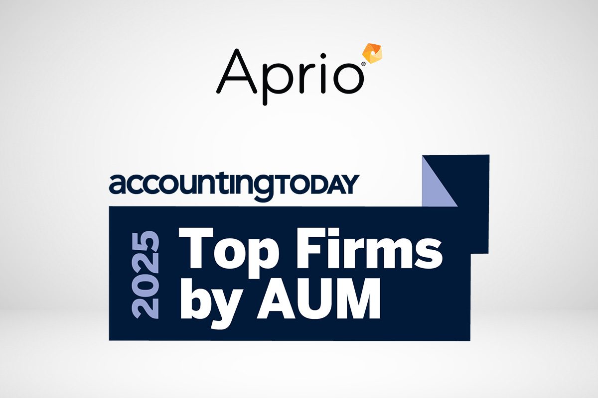 Aprio logo above a banner reading accountingTODAY 2025 Top Firms by AUM on a white background.