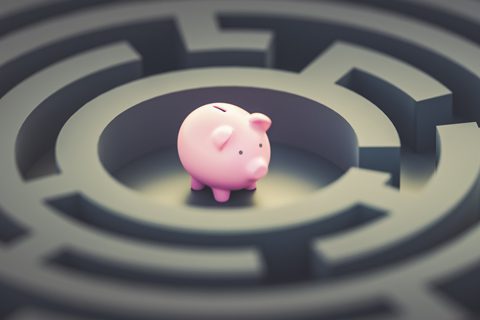 A pink piggy bank sits at the center of a circular maze with high walls