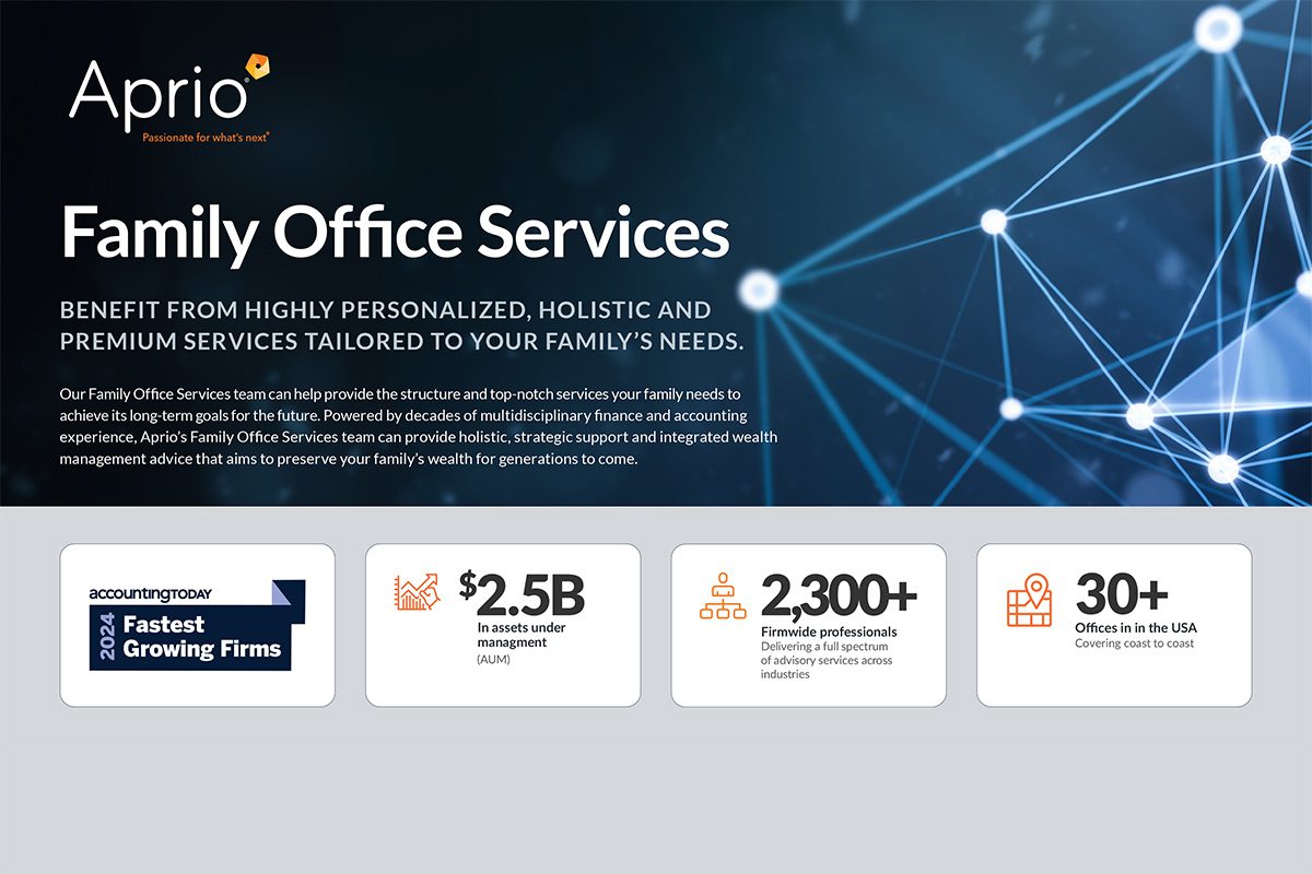 Banner for Aprio Family Office Services with text about personalized wealth management