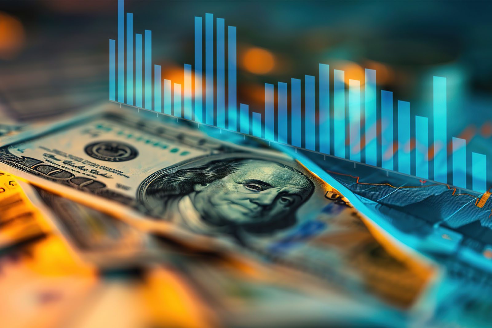 Close-up of US hundred-dollar bills with a blue financial bar and line graph overlay